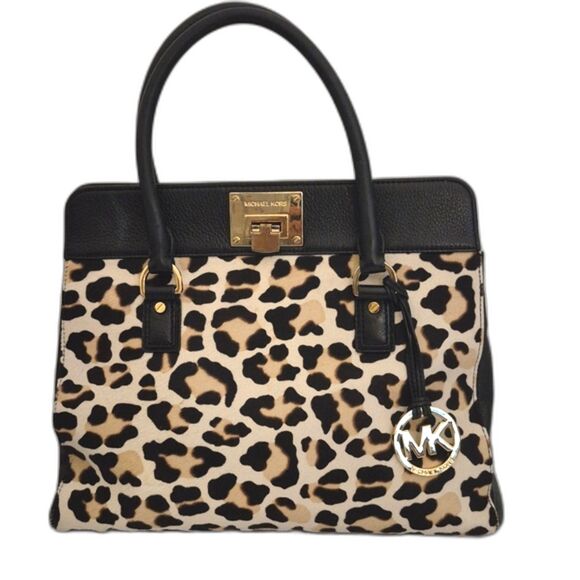 Michael Kors Mara Haircalf Leather Satchel Handbag Purse Leopard Print Black - Picture 1 of 13